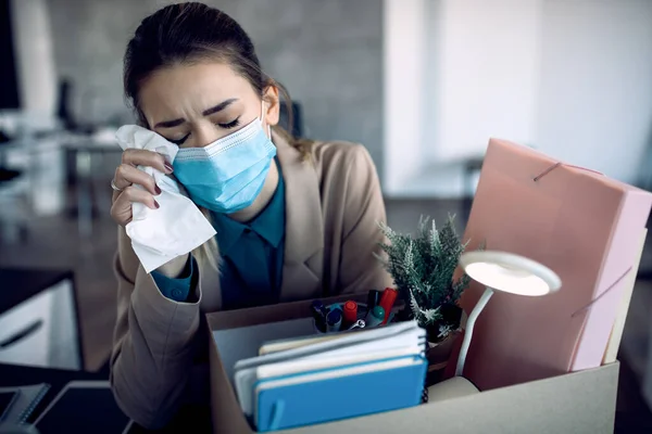 Crying Businesswoman Feeling Hopeless Being Fired Work Coronavirus Pandemic — 스톡 사진