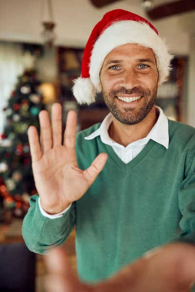 Happy Man Congratulating Christmas While Making Video Call Home Looking — ストック写真