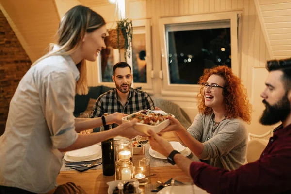 Group Happy Friends Having Fun While Having Dinner Together Home —  Fotos de Stock