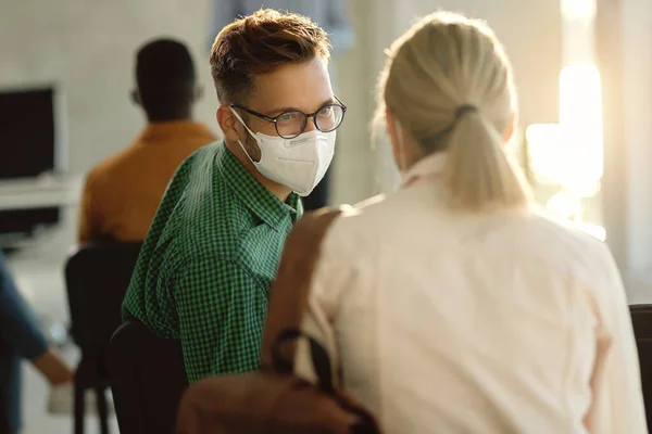 Happy University Student Wearing Protective Face Mask While Talking Female — Foto Stock