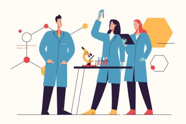 Bir grup bilim adamının çalıştığı, testler yaptığı ve bir laboratuarda araştırma yaptığı vektör çizimi. Düzenlenebilir vuruş