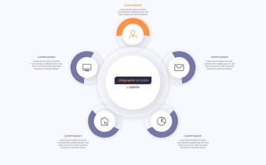 Beş seçenekli çember bilgi tasarım şablonu. Vektör illüstrasyonu
