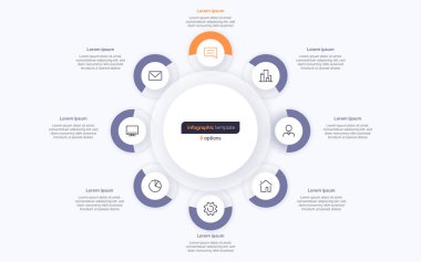 Sekiz seçenekli çember bilgi tasarım şablonu. Vektör illüstrasyonu