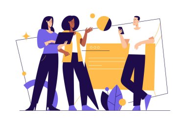 Dijital iş dönüşümü, teknolojiler ve iletişim konularında vektör illüstrasyon. Düzenlenebilir vuruş