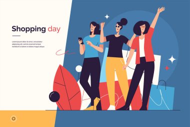 Alışveriş torbalarının arka planında bir grup mutlu genç kadını tasvir eden vektör çizimi. Düzenlenebilir vuruş