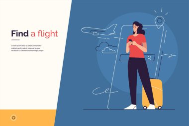 Uçak biletlerinin seyahat, arama ve satın alınması, akıllı telefondan online uçuş rezervasyonu konularında vektör illüstrasyon. Düzenlenebilir vuruş