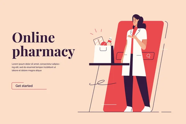 Illustration vectorielle sur le thème de la pharmacie en ligne, médicaments commandés via smartphone. Course modifiable — Image vectorielle