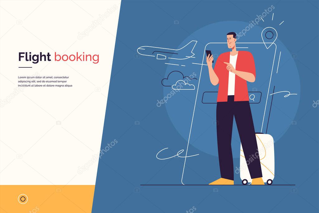 Vector illustration on the subject of traveling, searching and purchasing of plane tickets, online flight booking via smartphone. Editable stroke