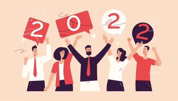 Illustration vectorielle représentant un groupe d'employés de bureau célébrant la nouvelle année 2022. Course modifiable — Image vectorielle