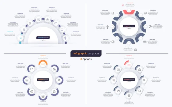 Conjunto de ocho plantillas de diseño infográfico círculo de opciones. Ilustración vectorial — Vector de stock