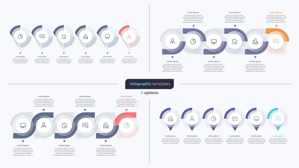 Set van zes stappen business infographic design sjablonen. Vectorillustratie — Stockvector