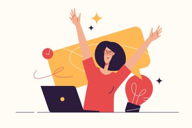 Etkili bir çözüm bulan mutlu genç bir kadını tasvir eden vektör çizimi. Düzenlenebilir vuruş