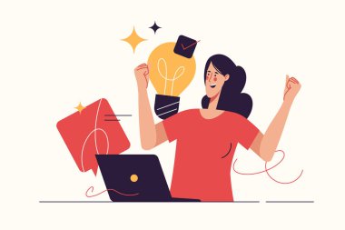 Etkili bir çözüm bulan mutlu genç bir kadını tasvir eden vektör çizimi. Düzenlenebilir vuruş