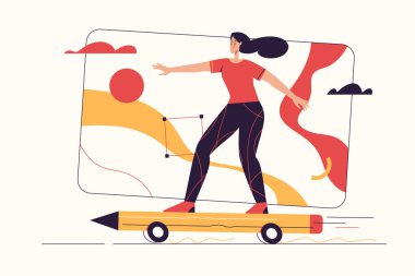 Grafik tasarımı, yaratıcılık, hayal gücü ve ilham konularında vektör çizimi. Düzenlenebilir vuruş