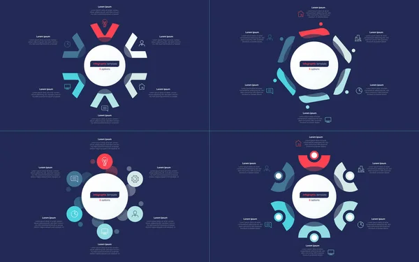 Seis plantillas de diseño infográfico círculo opción. Ilustración vectorial — Vector de stock