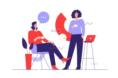 Kahve molası ve iletişim konularında vektör çizimi. Düzenlenebilir vuruş