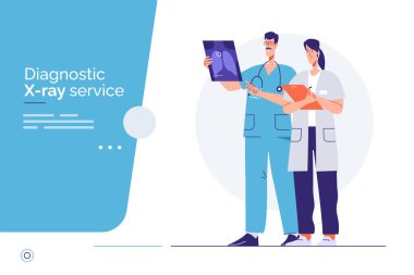 İki doktor röntgen görüntüsünü inceliyor. Vektör ana hatları çizimi, düzenlenebilir vuruş, küresel örnekler