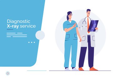 İki doktor röntgen görüntüsünü inceliyor. Vektör ana hatları çizimi, düzenlenebilir vuruş, küresel örnekler