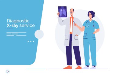 İki doktor röntgen görüntüsünü inceliyor. Vektör ana hatları çizimi, düzenlenebilir vuruş, küresel örnekler