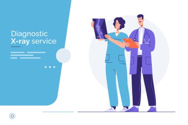 İki doktor röntgen görüntüsünü inceliyor. Vektör ana hatları çizimi, düzenlenebilir vuruş, küresel örnekler