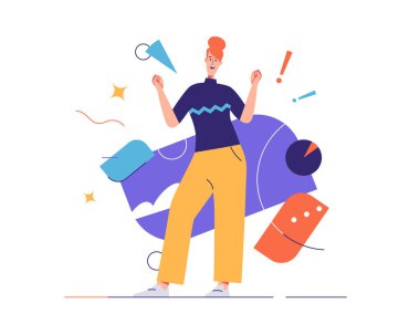 Gülen neşeli genç kadının vektör çizimi duygularını ifade eder. Düzenlenebilir felç, küresel örnekler