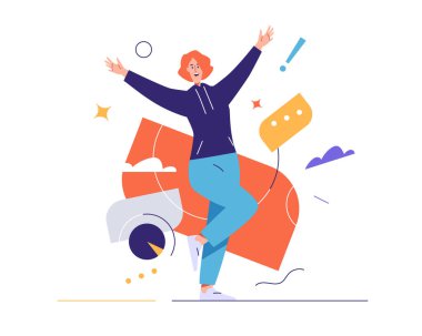 Gülen neşeli genç kadının vektör çizimi duygularını ifade eder. Düzenlenebilir felç, küresel örnekler