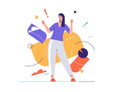 Gülen neşeli genç kadının vektör çizimi duygularını ifade eder. Düzenlenebilir felç, küresel örnekler