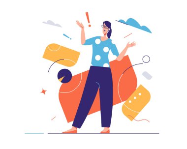 Gülen neşeli genç kadının vektör çizimi duygularını ifade eder. Düzenlenebilir felç, küresel örnekler