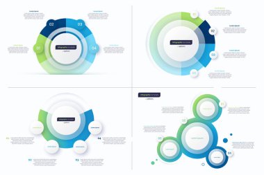 Dört seçenekli çember infografik tasarım şablonları. Vektör illüstrasyonu