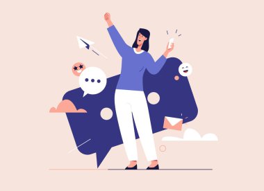 Akıllı telefonlu, gülen genç bir kadının vektör çizimi. Düzenlenebilir vuruş