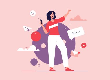 Akıllı telefonlu, gülen genç bir kadının vektör çizimi. Düzenlenebilir vuruş