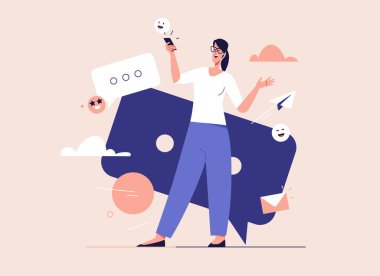 Akıllı telefonlu, gülen genç bir kadının vektör çizimi. Düzenlenebilir vuruş