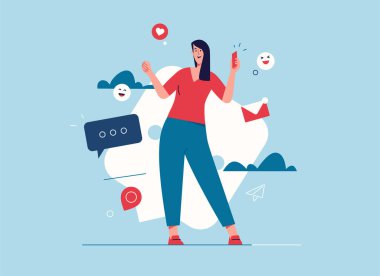 Akıllı telefonlu, gülen genç bir kadının vektör çizimi. Düzenlenebilir vuruş