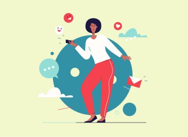 Akıllı telefonlu, gülen genç bir kadının vektör çizimi. Düzenlenebilir vuruş