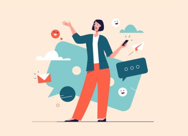 Akıllı telefonlu, gülen genç bir kadının vektör çizimi. Düzenlenebilir vuruş