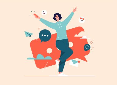 Akıllı telefonlu, gülen genç bir kadının vektör çizimi. Düzenlenebilir vuruş