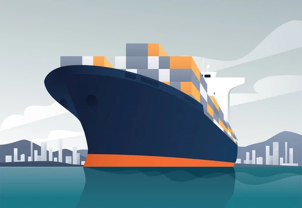 Vector illustration of a loaded container cargo ship leaving the harbor — 스톡 벡터