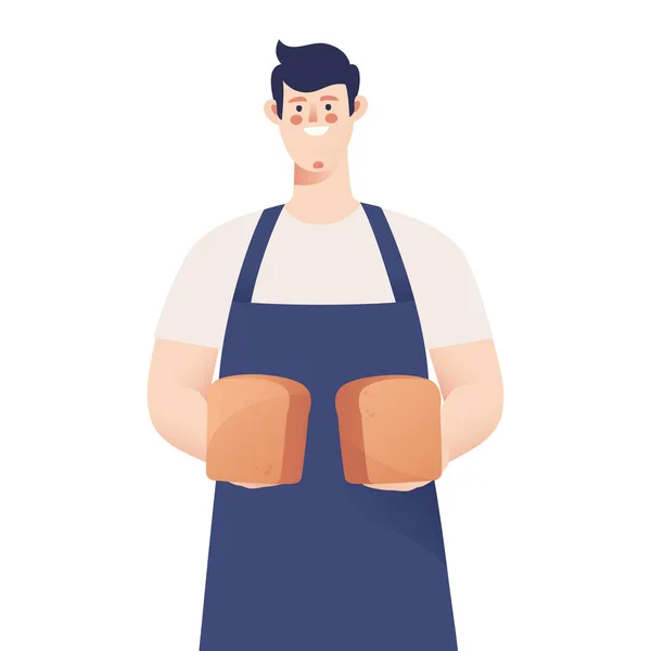 Retrato de un panadero masculino sosteniendo panes. Ilustración vectorial — Vector de stock