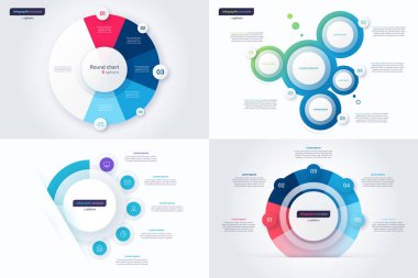 Beş seçenekli çember infografik tasarım şablonları. Vektör illüstrasyonu.