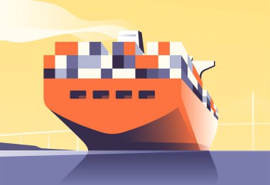 Vector illustration of a loaded container cargo ship passes under the bridge.