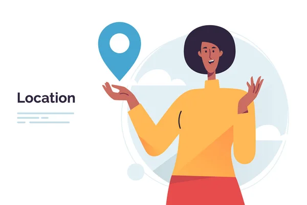 Vector Illustration Depicting Woman Holding Location Sign — Stockvector