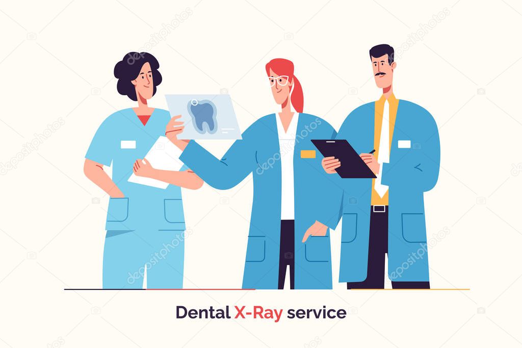 Group of dentists are discussing dental x-ray result. Vector illustration.