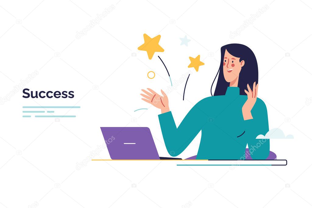 Vector illustration depicting a young woman rejoices in success.