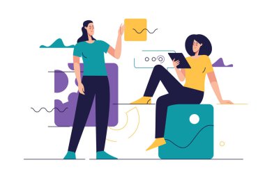 Web tasarımı, yazılım geliştirme, iletişim konularında iş konsepti düz stil ana hatlı vektör çizimi.