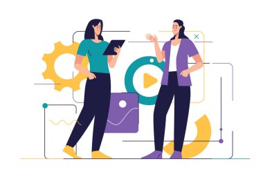 Web tasarımı, yazılım geliştirme, iletişim konularında iş konsepti düz stil ana hatlı vektör çizimi.