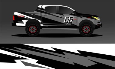 Araba ambalajı tasarımı, kamyon ve kargo kamyonu ambalaj vektörü. Araç, yarış, reklam, macera ve giysi arabası için grafiksel soyut çizimler