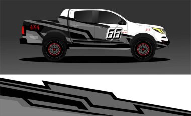 Araba ambalajı tasarımı, kamyon ve kargo kamyonu ambalaj vektörü. Araç, yarış, reklam, macera ve giysi arabası için grafiksel soyut çizimler