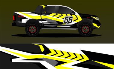 Araba ambalajı tasarımı, kamyon ve kargo kamyonu ambalaj vektörü. Araç, yarış, reklam, macera ve giysi arabası için grafiksel soyut çizimler