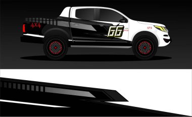 Araba ambalajı tasarımı, kamyon ve kargo kamyonu ambalaj vektörü. Araç, yarış, reklam, macera ve giysi arabası için grafiksel soyut çizimler