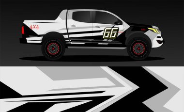 Araba ambalajı tasarımı, kamyon ve kargo kamyonu ambalaj vektörü. Araç, yarış, reklam, macera ve giysi arabası için grafiksel soyut çizimler